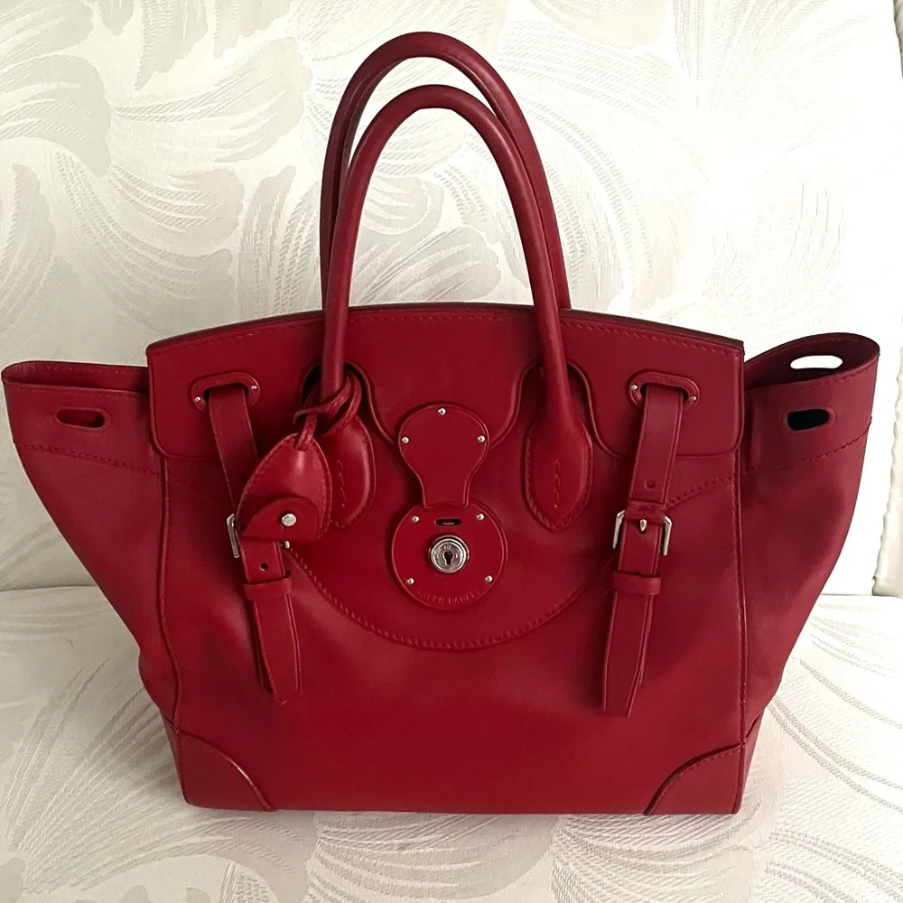 Ralph Lauren Red Leather Satchel with Top Handles and Detachable Strap